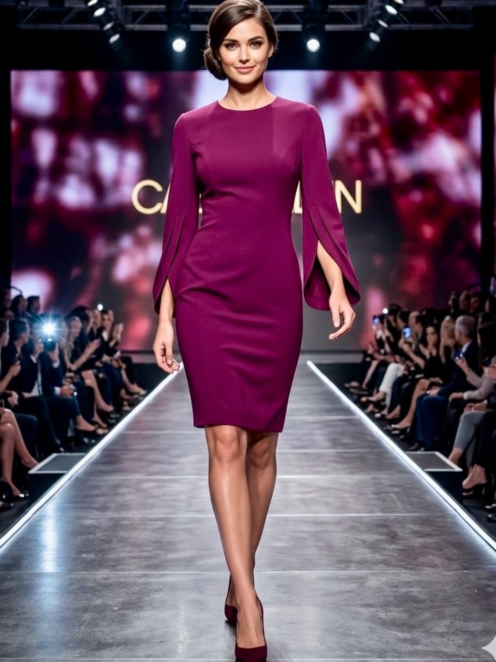 Calvin Klein Plum Midi Sheath Dress with Split Bell Sleeves Like New!